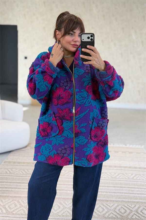 İri Çiçek Kabartmalı Keçe Kaban Mor Renk