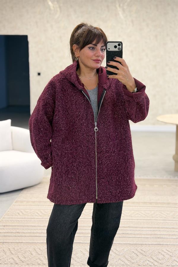 Işıltılı Keçe Kaban Bordo Renk