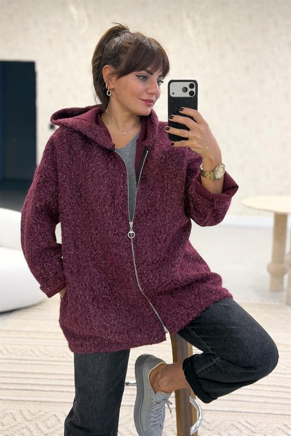 Işıltılı Keçe Kaban Bordo Renk