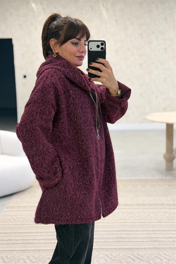 Işıltılı Keçe Kaban Bordo Renk