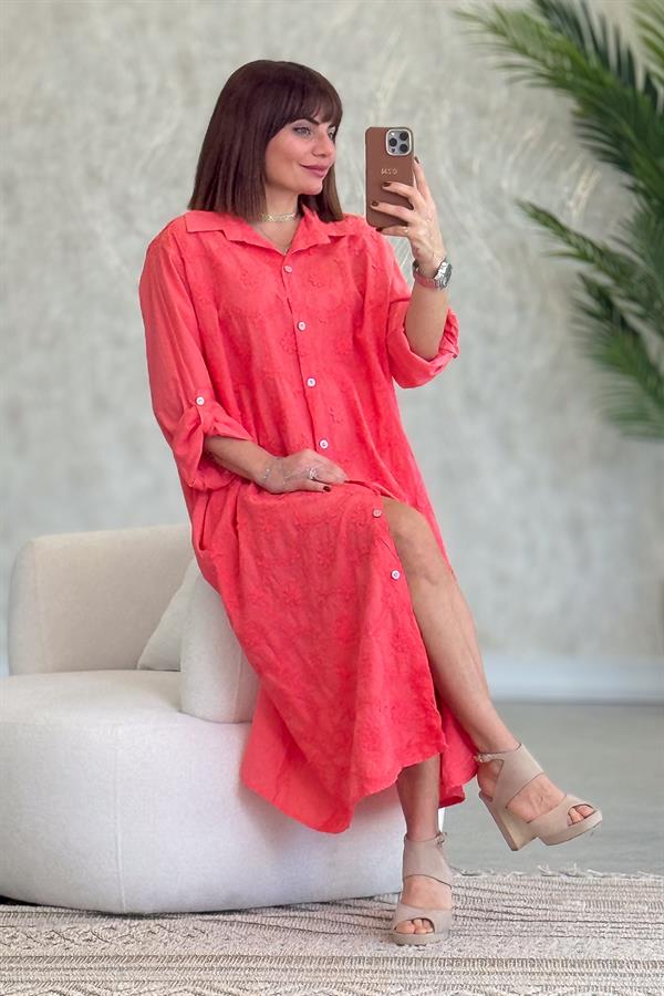 Kabartma Çiçekli Pamuklu Gömlek Elbise Mercan Renk