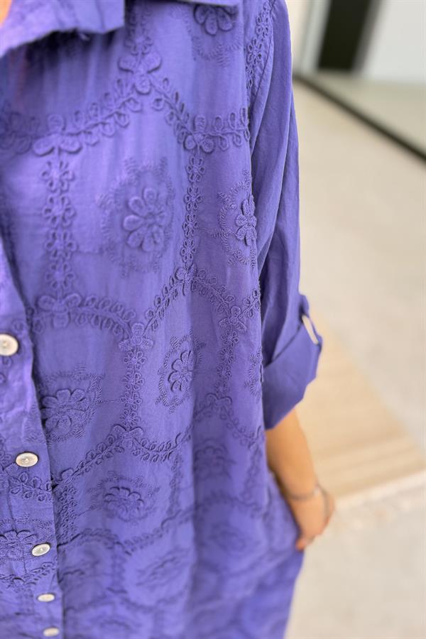 Kabartma Çiçekli Pamuklu Gömlek Elbise Mor Renk
