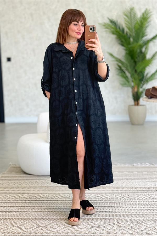 Kabartma Çiçekli Pamuklu Gömlek Elbise Siyah Renk