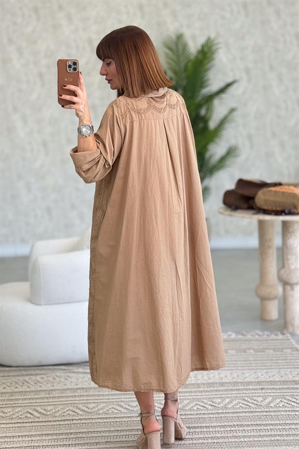 Kabartma Çiçekli Pamuklu Gömlek Elbise Camel Renk