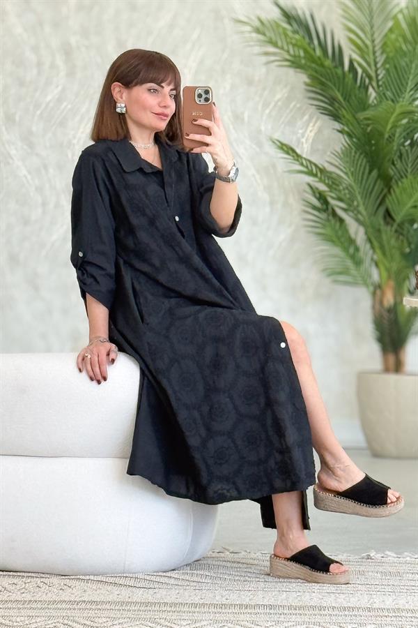 Kabartma Çiçekli Pamuklu Gömlek Elbise Siyah Renk