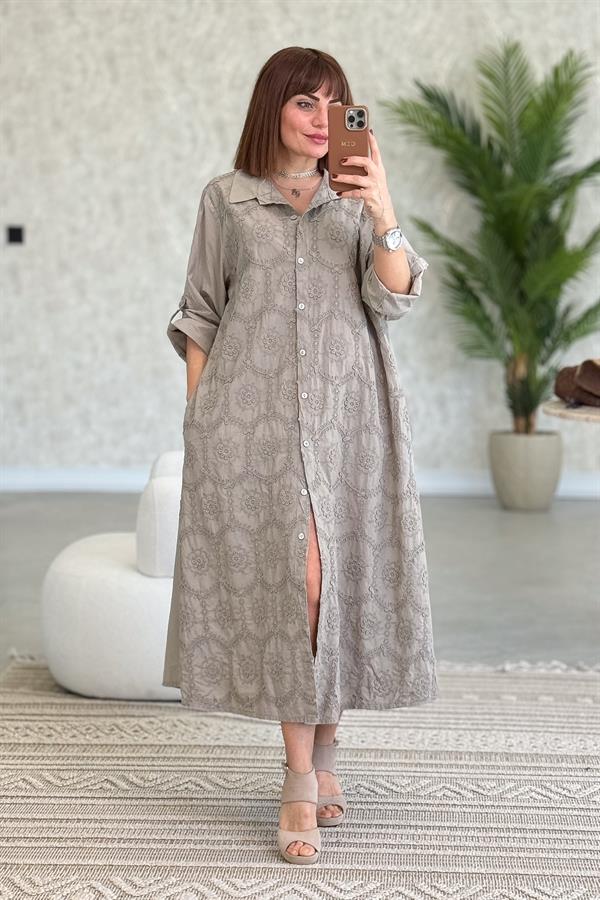 Kabartma Çiçekli Pamuklu Gömlek Elbise Vizon Renk