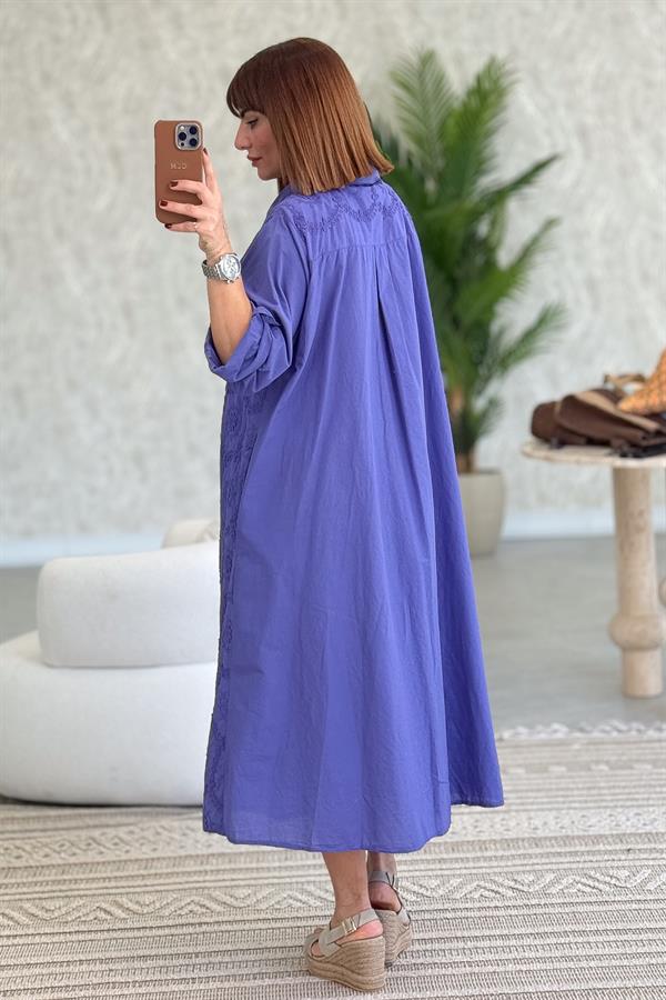 Kabartma Çiçekli Pamuklu Gömlek Elbise Mor Renk