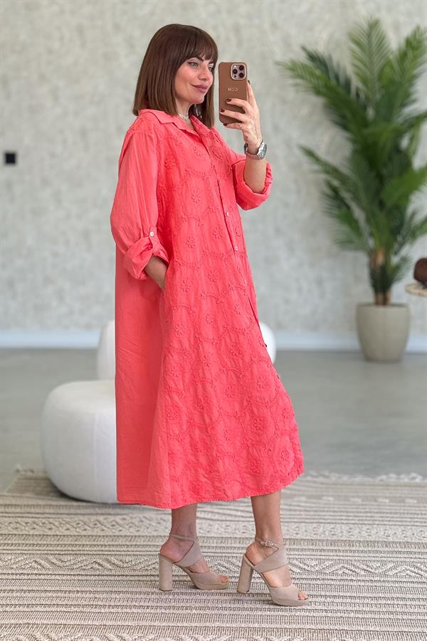 Kabartma Çiçekli Pamuklu Gömlek Elbise Mercan Renk