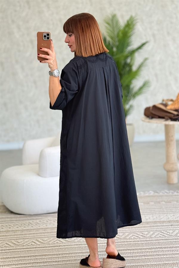 Kabartma Çiçekli Pamuklu Gömlek Elbise Siyah Renk