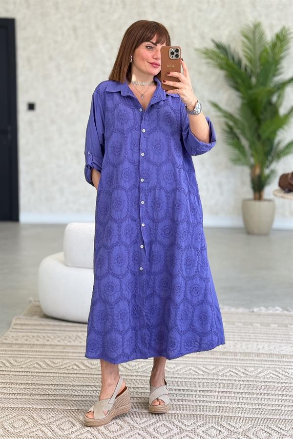 Kabartma Çiçekli Pamuklu Gömlek Elbise Mor Renk
