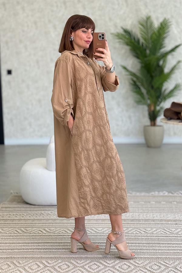 Kabartma Çiçekli Pamuklu Gömlek Elbise Camel Renk