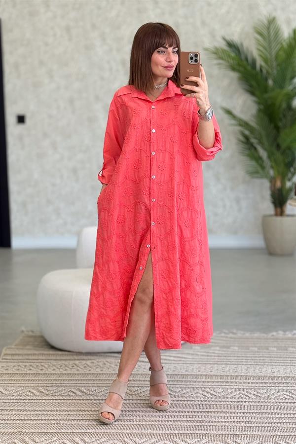 Kabartma Çiçekli Pamuklu Gömlek Elbise Mercan Renk