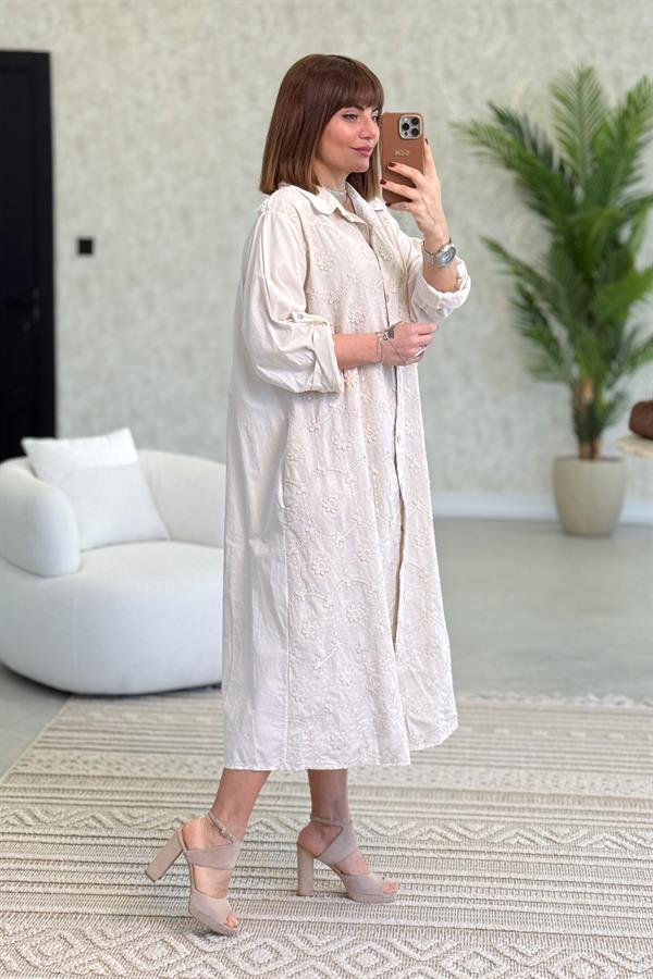 Kabartma Çiçekli Pamuklu Gömlek Elbise Bej Renk