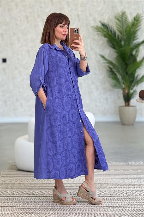 Kabartma Çiçekli Pamuklu Gömlek Elbise Mor Renk