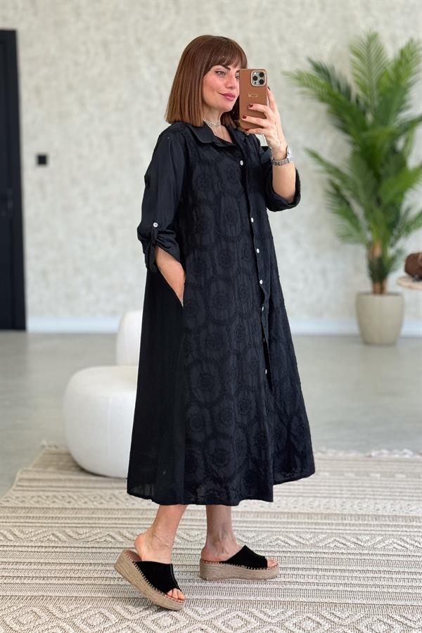 Kabartma Çiçekli Pamuklu Gömlek Elbise Siyah Renk