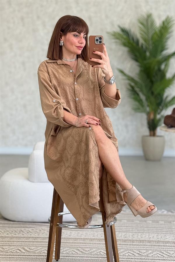 Kabartma Çiçekli Pamuklu Gömlek Elbise Camel Renk