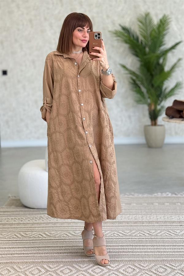 Kabartma Çiçekli Pamuklu Gömlek Elbise Camel Renk