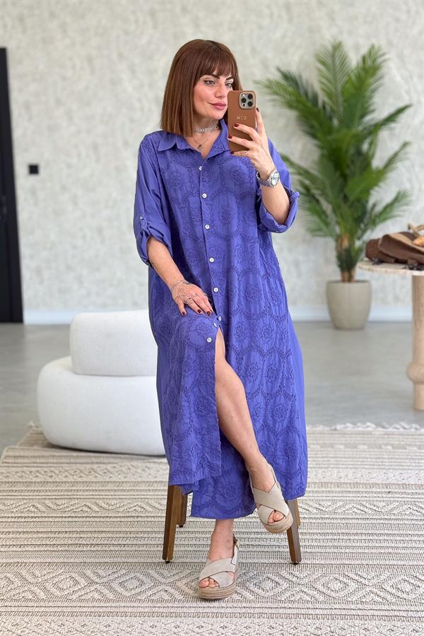Kabartma Çiçekli Pamuklu Gömlek Elbise Mor Renk
