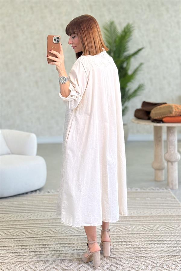 Kabartma Çiçekli Pamuklu Gömlek Elbise Bej Renk