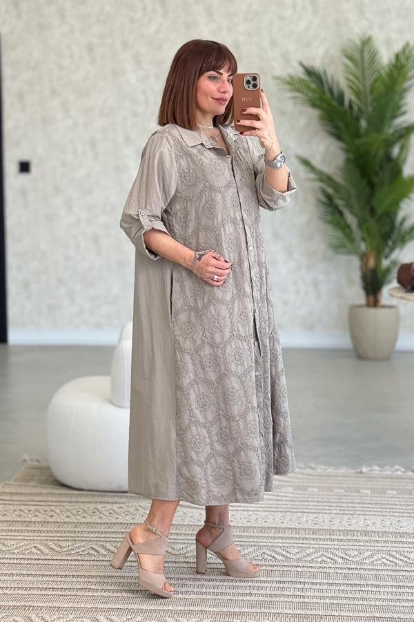 Kabartma Çiçekli Pamuklu Gömlek Elbise Vizon Renk