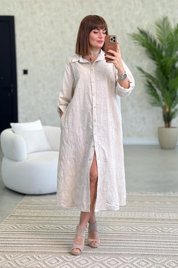 Kabartma Çiçekli Pamuklu Gömlek Elbise Bej Renk