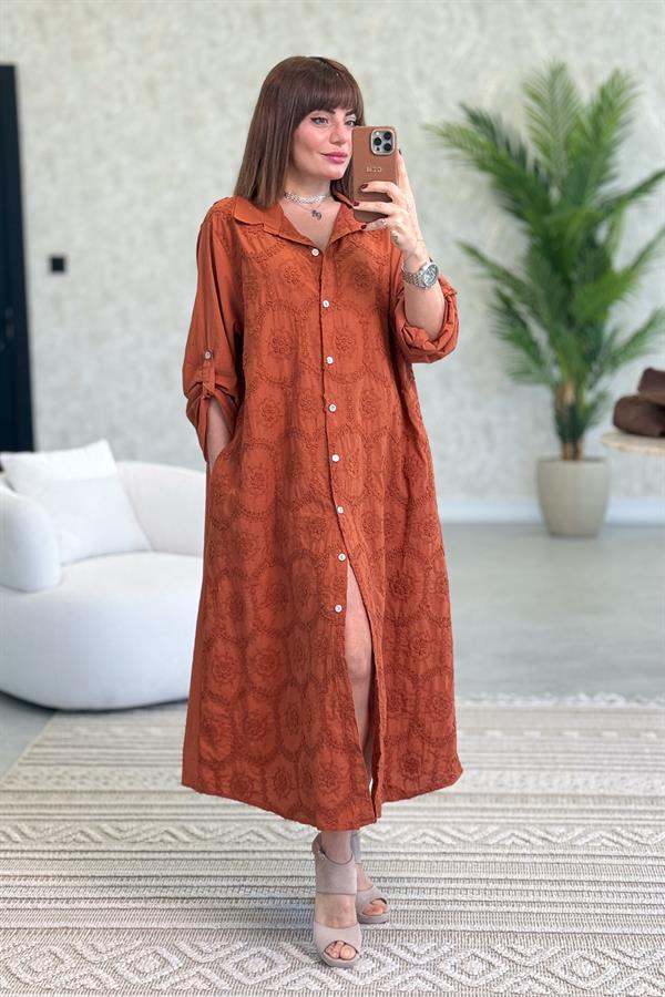 Kabartma Çiçekli Pamuklu Gömlek Elbise Kiremit Renk