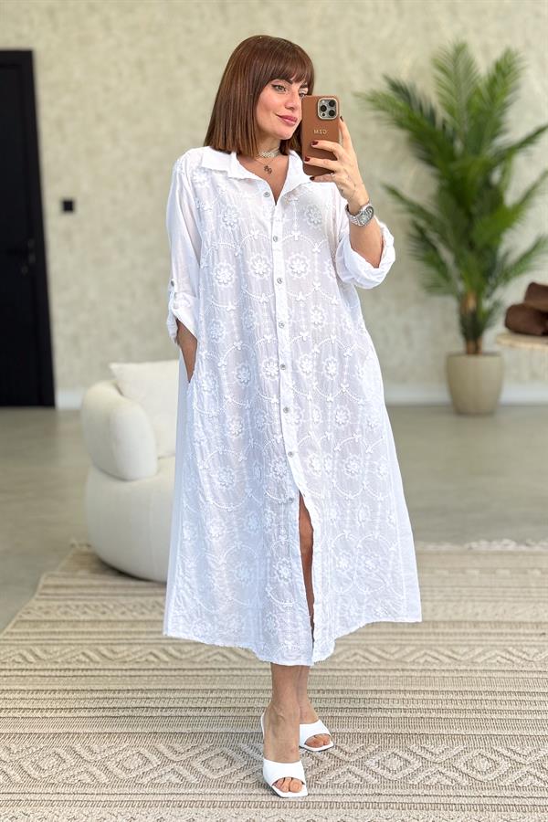 Kabartma Çiçekli Pamuklu Gömlek Elbise Beyaz Renk