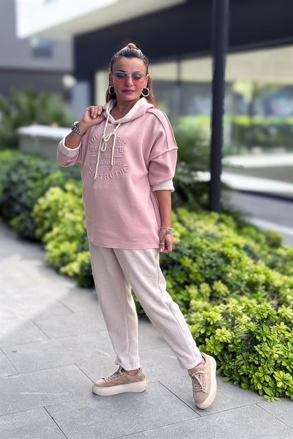 Kabartma Yazı Detaylı Çelik Örgü Kapüşonlu Sweet Pudra Renk