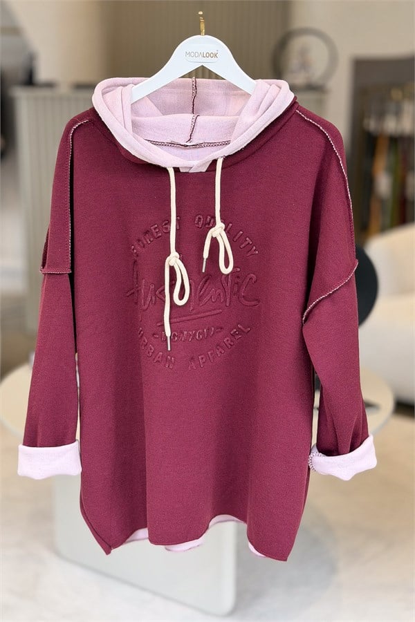 Kabartma Yazı Detaylı Çelik Örgü Kapüşonlu Sweet Bordo RenkBLUZ
