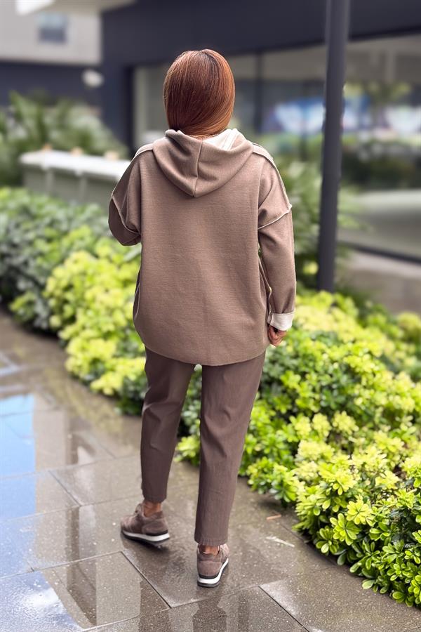 Kabartma Yazı Detaylı Çelik Örgü Kapüşonlu Sweet Vizon Renk