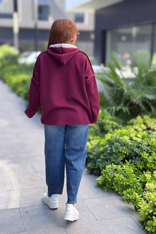 Kabartma Yazı Detaylı Çelik Örgü Kapüşonlu Sweet Bordo Renk