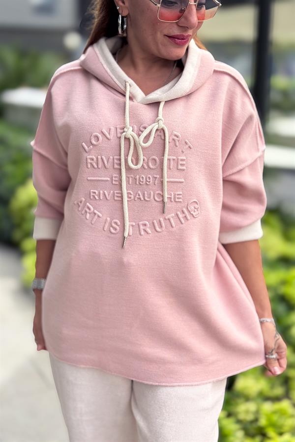 Kabartma Yazı Detaylı Çelik Örgü Kapüşonlu Sweet Pudra Renk