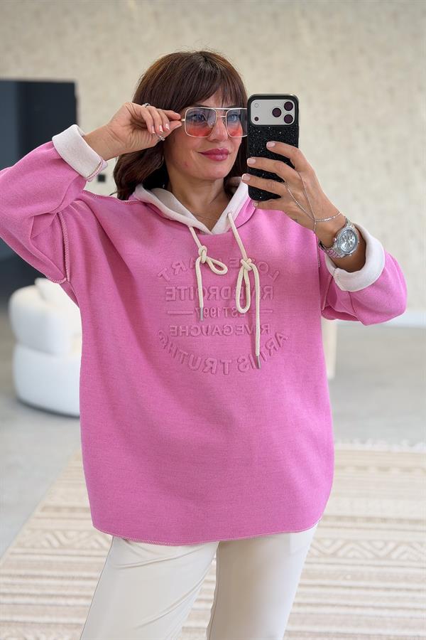 Kabartma Yazı Detaylı Çelik Örgü Kapüşonlu Sweet Pembe Renk