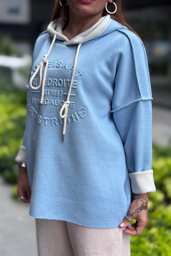 Kabartma Yazı Detaylı Çelik Örgü Kapüşonlu Sweet Bebe Mavi Renk