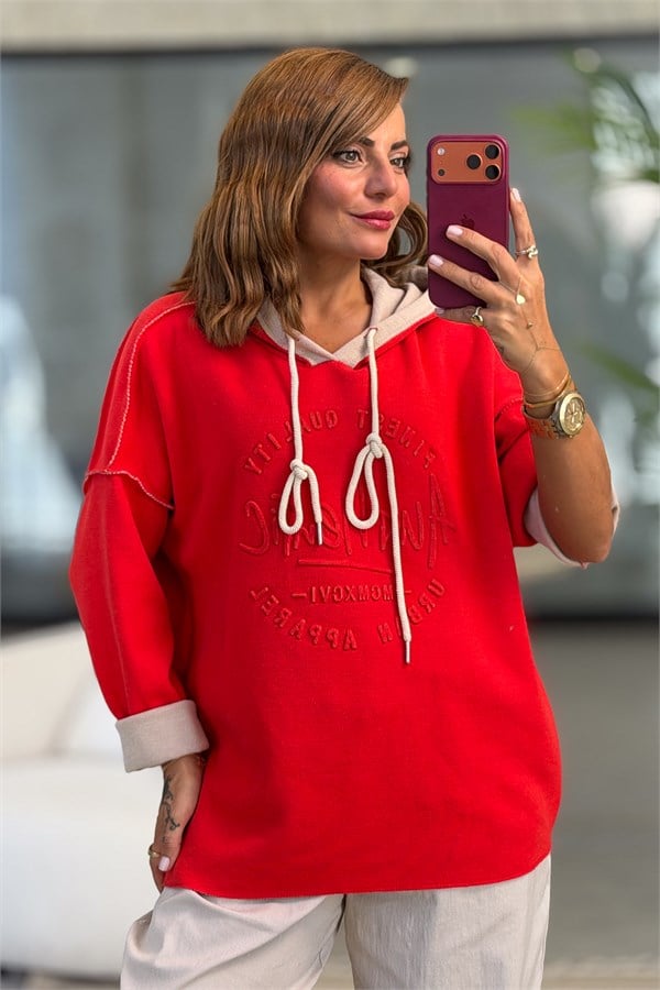 Kabartma Yazı Detaylı Çelik Örgü Kapüşonlu Sweet Nar Çiçeği Renk