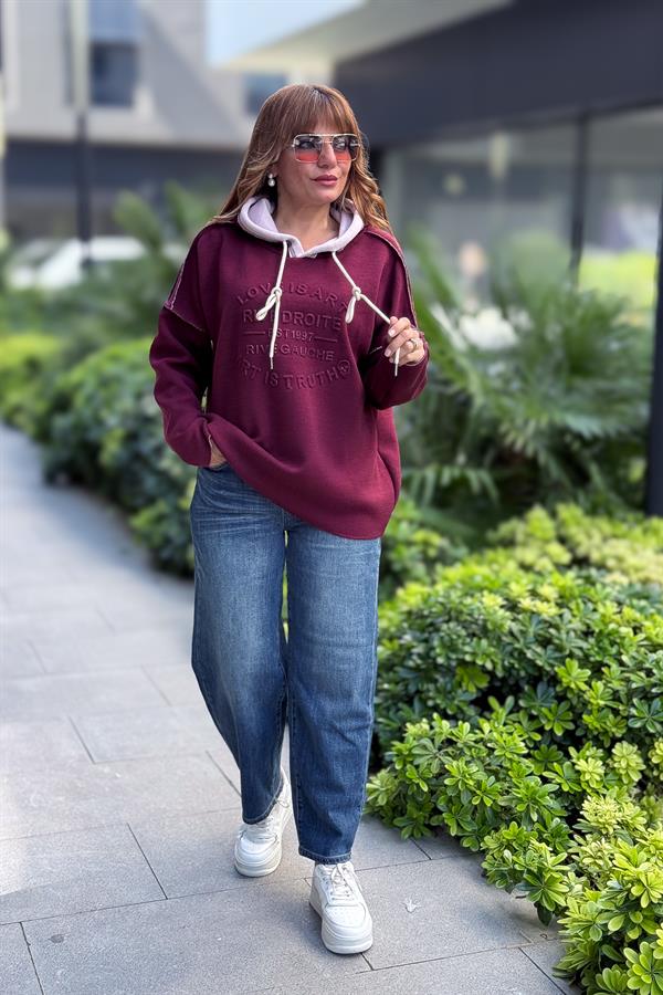 Kabartma Yazı Detaylı Çelik Örgü Kapüşonlu Sweet Bordo Renk