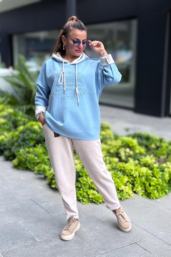 Kabartma Yazı Detaylı Çelik Örgü Kapüşonlu Sweet Bebe Mavi Renk