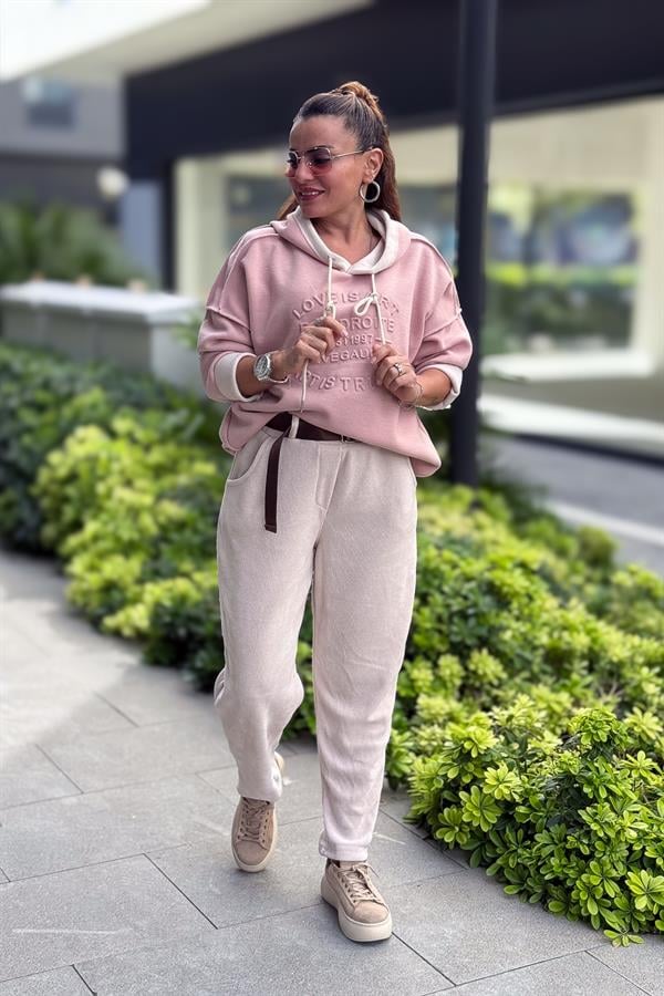 Kabartma Yazı Detaylı Çelik Örgü Kapüşonlu Sweet Pudra Renk