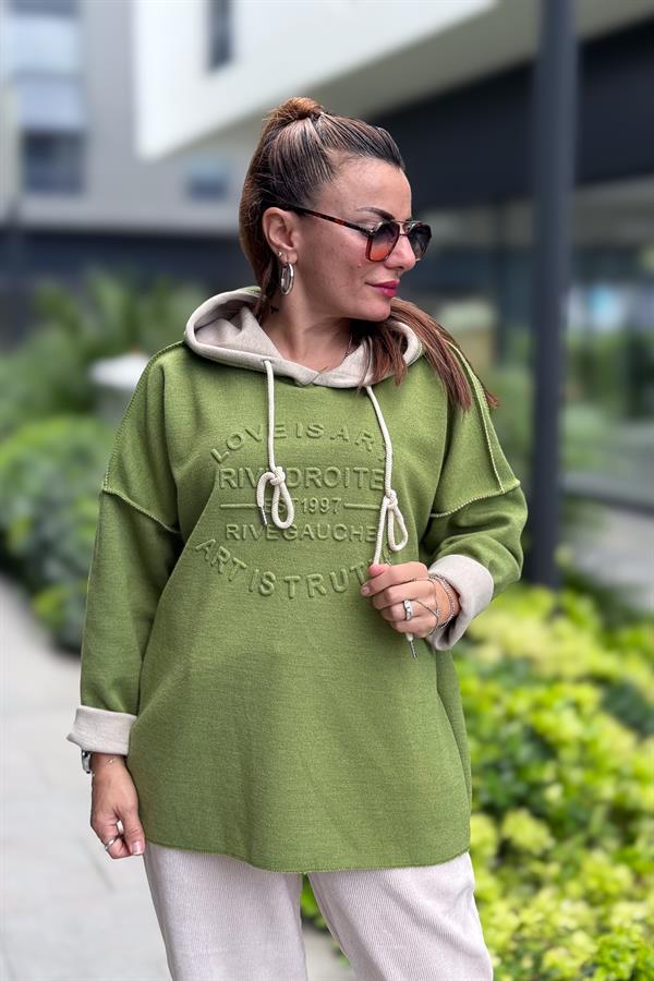 Kabartma Yazı Detaylı Çelik Örgü Kapüşonlu Sweet Fıstık Yeşil Renk