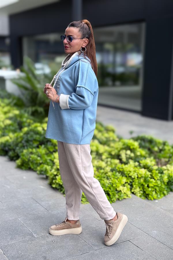 Kabartma Yazı Detaylı Çelik Örgü Kapüşonlu Sweet Bebe Mavi Renk