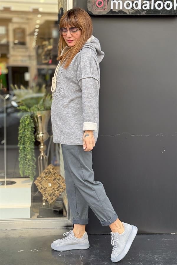 Kabartma Yazı Detaylı Çelik Örgü Kapüşonlu Sweet Gri Renk