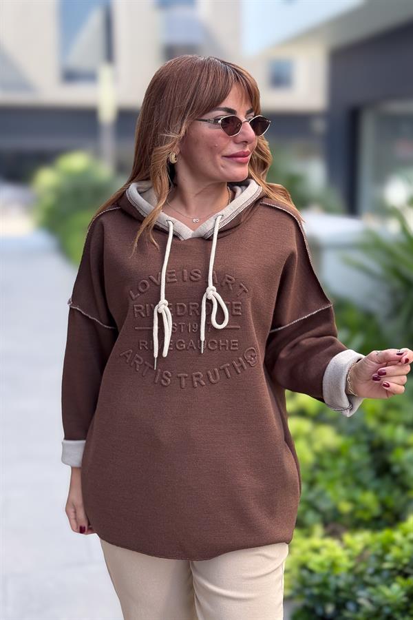 Kabartma Yazı Detaylı Çelik Örgü Kapüşonlu Sweet Kızılkahve Renk