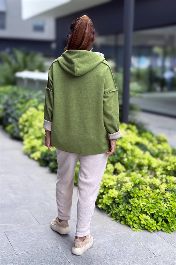 Kabartma Yazı Detaylı Çelik Örgü Kapüşonlu Sweet Fıstık Yeşil Renk