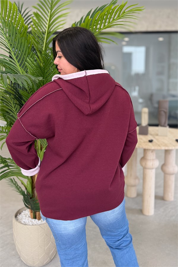 Kabartma Yazı Detaylı Çelik Örgü Kapüşonlu Sweet Bordo Renk