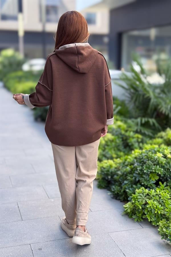 Kabartma Yazı Detaylı Çelik Örgü Kapüşonlu Sweet Kızılkahve Renk