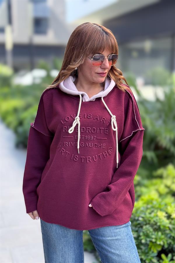 Kabartma Yazı Detaylı Çelik Örgü Kapüşonlu Sweet Bordo Renk