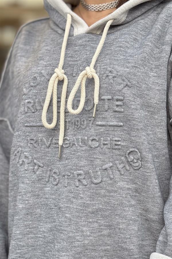 Kabartma Yazı Detaylı Çelik Örgü Kapüşonlu Sweet Gri Renk