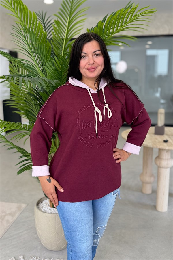 Kabartma Yazı Detaylı Çelik Örgü Kapüşonlu Sweet Bordo Renk