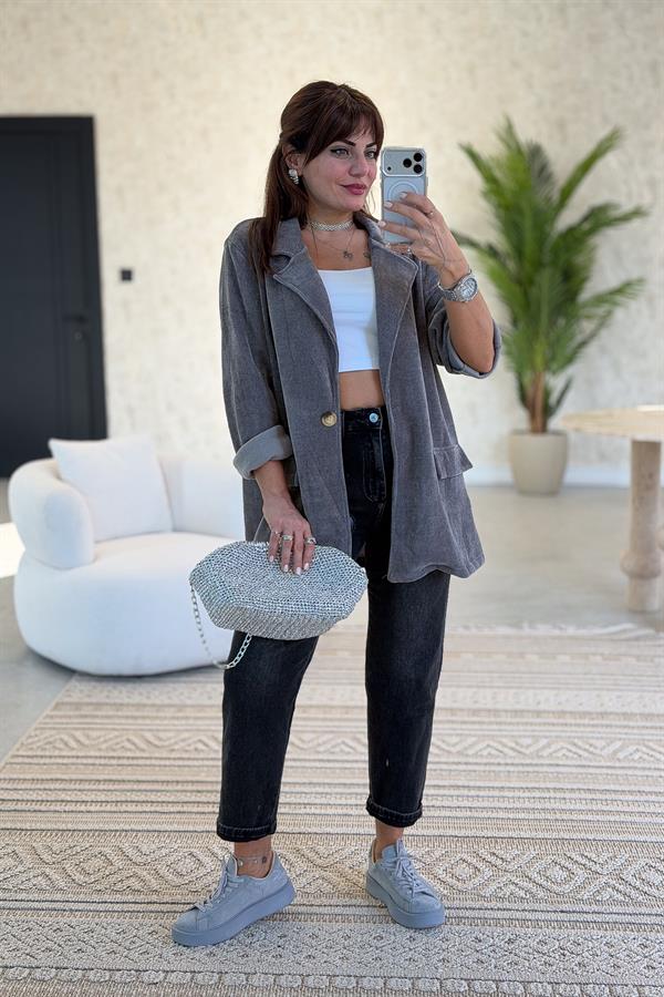 Kadife Kumaş Blazer Ceket Füme Renk