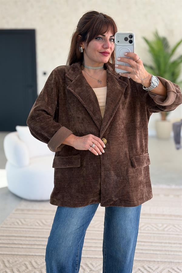 Kadife Kumaş Blazer Ceket Kahverengi Renk